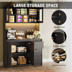 Grand meuble de cuisine de 180 cm de haut, buffet de rangement de cuisine avec lumières LED et prises de courant, support pour micro-ondes, porte en verre