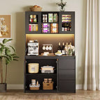 Grand meuble de cuisine de 180 cm de haut, buffet de rangement de cuisine avec lumières LED et prises de courant, support pour micro-ondes, porte en verre