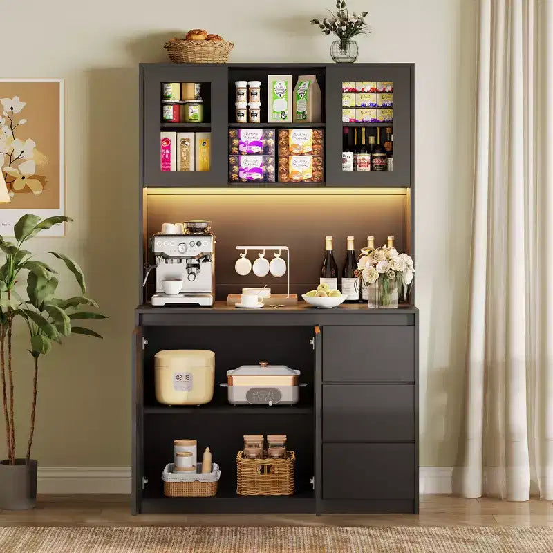 Grand meuble de cuisine de 180 cm de haut, buffet de rangement de cuisine avec lumières LED et prises de courant, support pour micro-ondes, porte en verre