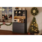 Grand meuble de cuisine de 180 cm de haut, buffet de rangement de cuisine avec lumières LED et prises de courant, support pour micro-ondes, porte en verre