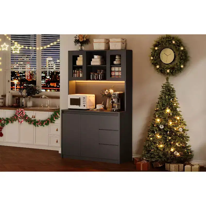Grand meuble de cuisine de 180 cm de haut, buffet de rangement de cuisine avec lumières LED et prises de courant, support pour micro-ondes, porte en verre