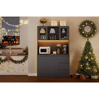 Grand meuble de cuisine de 180 cm de haut, buffet de rangement de cuisine avec lumières LED et prises de courant, support pour micro-ondes, porte en verre