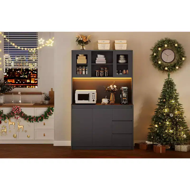 Grand meuble de cuisine de 180 cm de haut, buffet de rangement de cuisine avec lumières LED et prises de courant, support pour micro-ondes, porte en verre