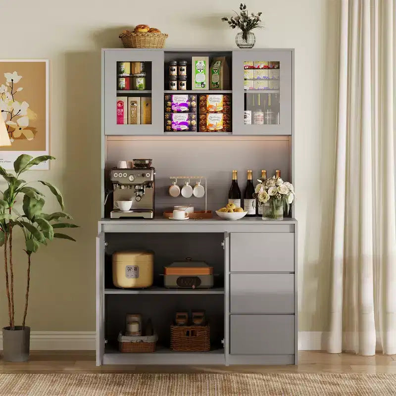 Grand meuble de cuisine de 180 cm de haut, buffet de rangement de cuisine avec lumières LED et prises de courant, support pour micro-ondes, porte en verre