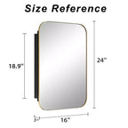 PexFix Armoire de salle de bain 24 x 16 avec miroir, cadre en acier inoxydable et 2 étagères réglables, armoires à pharmacie murales, miroirs rectangulaires encastrés dorés