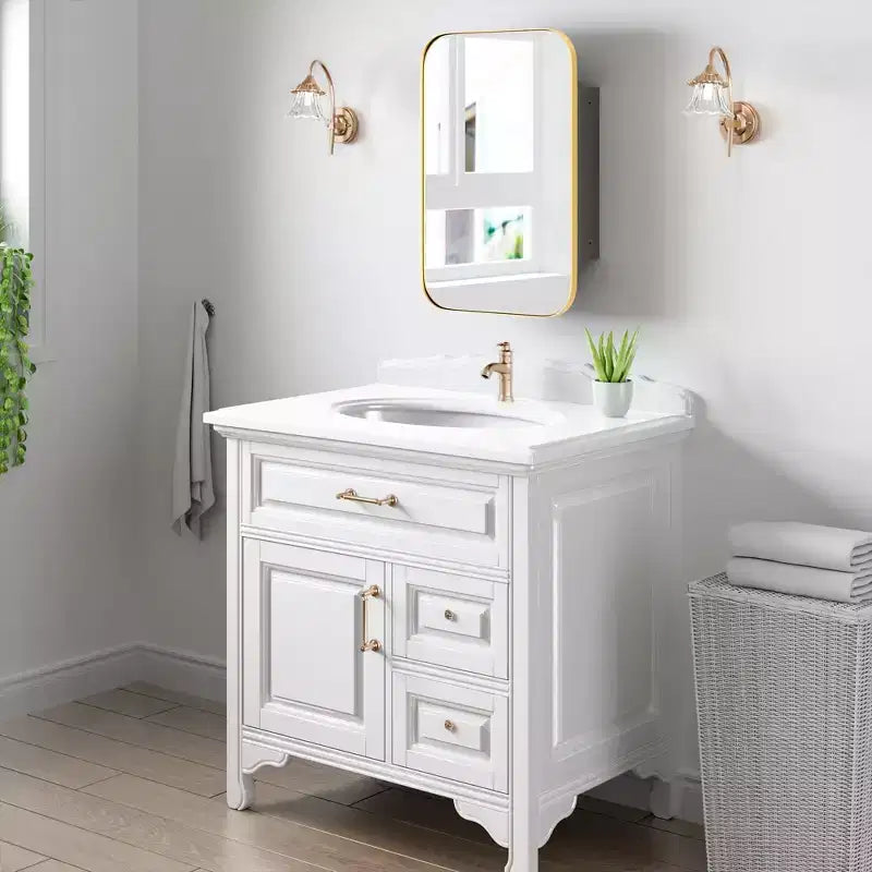 PexFix Armoire de salle de bain 24 x 16 avec miroir, cadre en acier inoxydable et 2 étagères réglables, armoires à pharmacie murales, miroirs rectangulaires encastrés dorés
