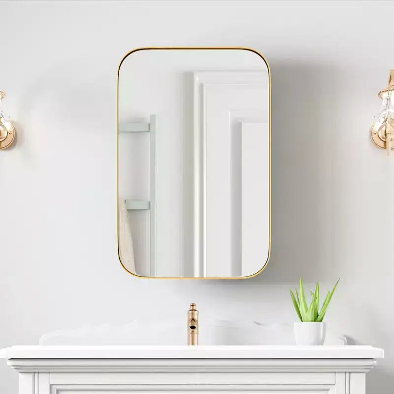 PexFix Armoire de salle de bain 24 x 16 avec miroir, cadre en acier inoxydable et 2 étagères réglables, armoires à pharmacie murales, miroirs rectangulaires encastrés dorés