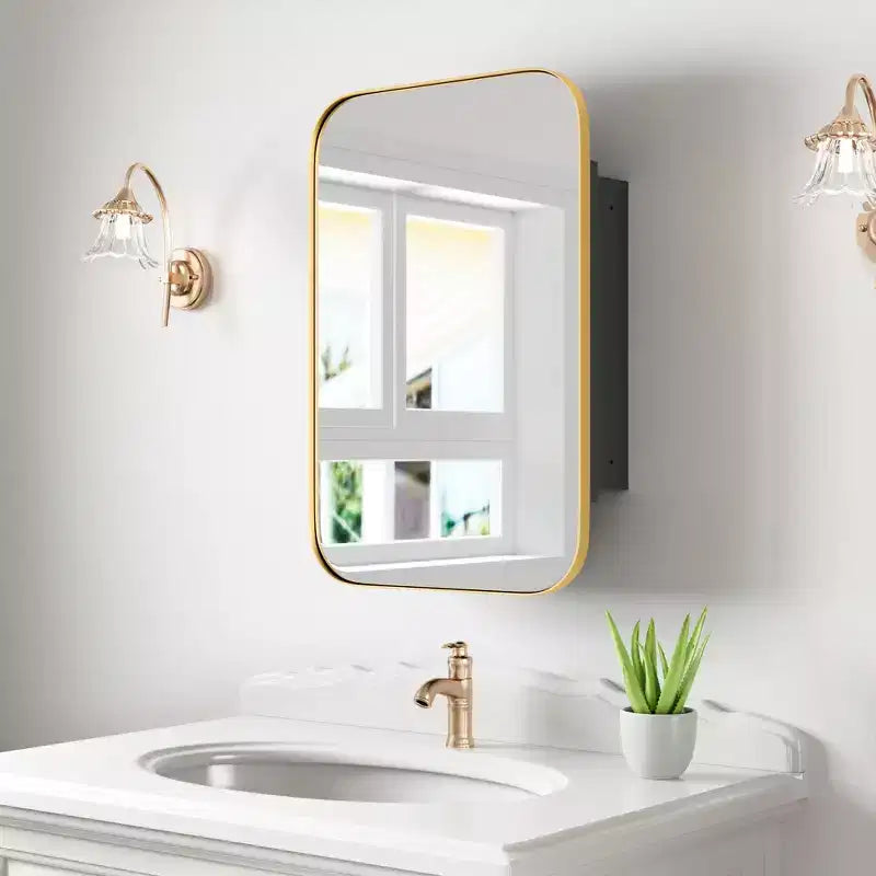 PexFix Armoire de salle de bain 24 x 16 avec miroir, cadre en acier inoxydable et 2 étagères réglables, armoires à pharmacie murales, miroirs rectangulaires encastrés dorés