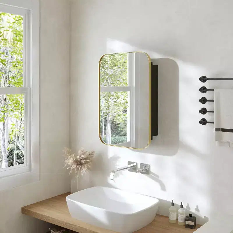 PexFix Armoire de salle de bain 24 x 16 avec miroir, cadre en acier inoxydable et 2 étagères réglables, armoires à pharmacie murales, miroirs rectangulaires encastrés dorés