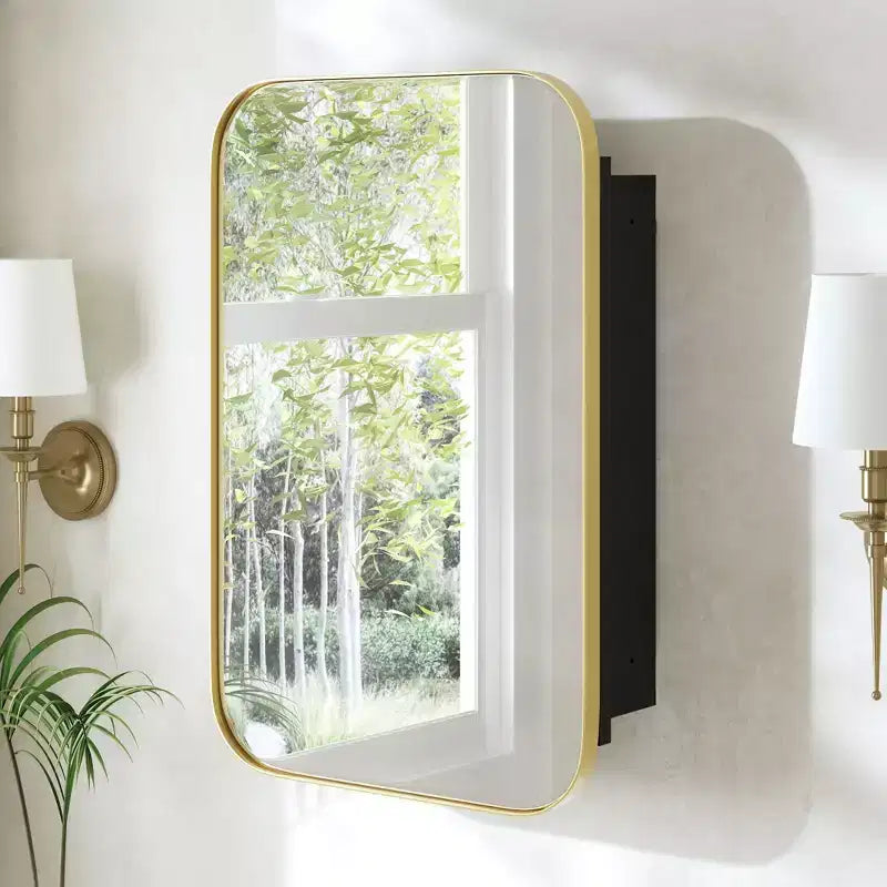 PexFix Armoire de salle de bain 24 x 16 avec miroir, cadre en acier inoxydable et 2 étagères réglables, armoires à pharmacie murales, miroirs rectangulaires encastrés dorés