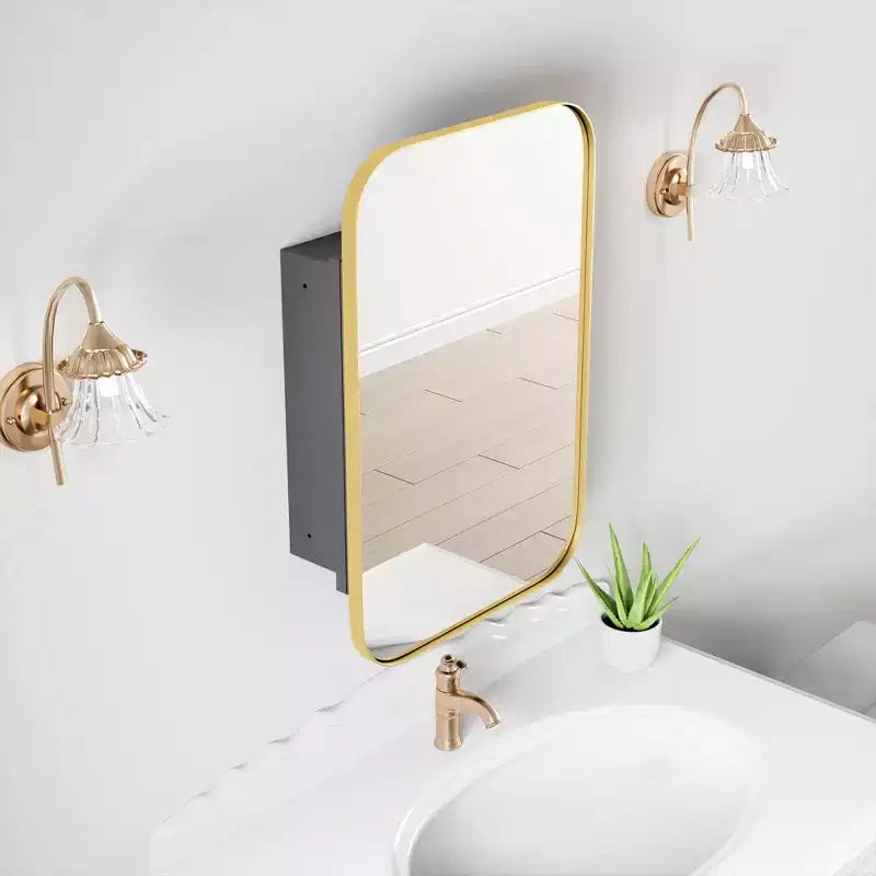 PexFix Armoire de salle de bain 24 x 16 avec miroir, cadre en acier inoxydable et 2 étagères réglables, armoires à pharmacie murales, miroirs rectangulaires encastrés dorés