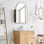 PexFix 36 x 24 Armoire de salle de bain encastrée arquée avec miroir, cadre en acier inoxydable et 2 étagères réglables, armoires à pharmacie murales, miroirs, or