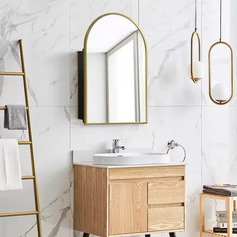 PexFix 36 x 24 Armoire de salle de bain encastrée arquée avec miroir, cadre en acier inoxydable et 2 étagères réglables, armoires à pharmacie murales, miroirs, or