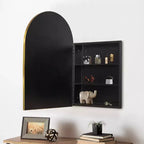 PexFix 36 x 24 Armoire de salle de bain encastrée arquée avec miroir, cadre en acier inoxydable et 2 étagères réglables, armoires à pharmacie murales, miroirs, or