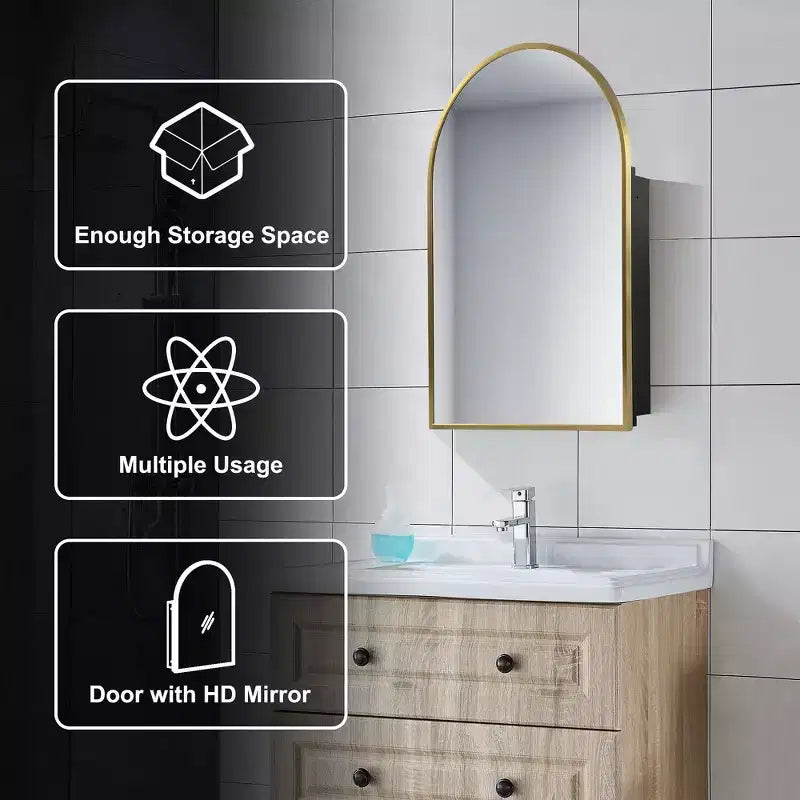 PexFix 36 x 24 Armoire de salle de bain encastrée arquée avec miroir, cadre en acier inoxydable et 2 étagères réglables, armoires à pharmacie murales, miroirs, or