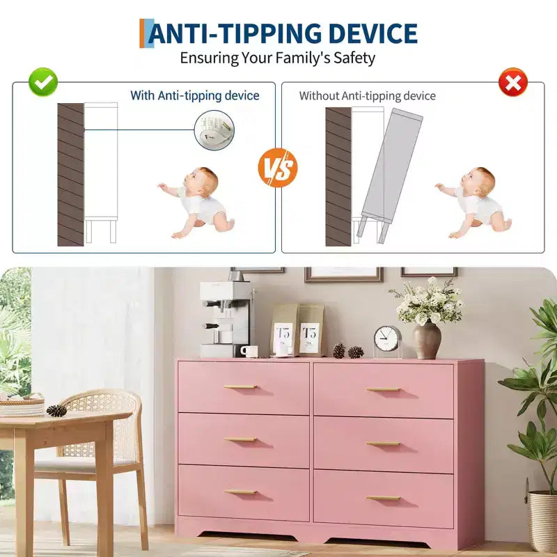 Commode de chambre GustoWave avec 6 tiroirs, commode de rangement moderne avec poignée en métal, organisateur de commode en bois pour chambre à coucher