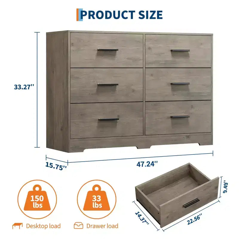 Commode de chambre GustoWave avec 6 tiroirs, commode de rangement moderne avec poignée en métal, organisateur de commode en bois pour chambre à coucher