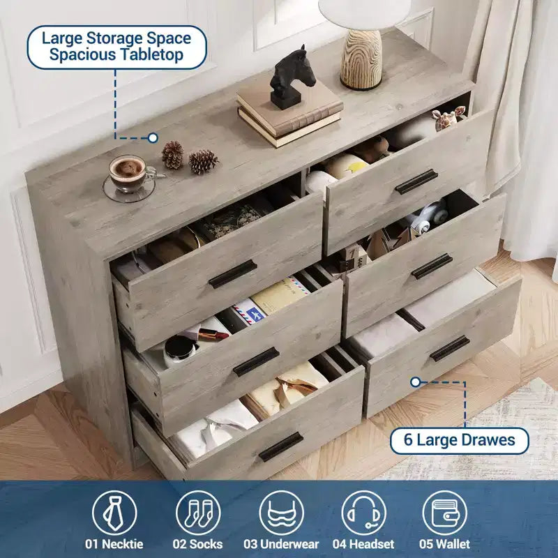 Commode de chambre GustoWave avec 6 tiroirs, commode de rangement moderne avec poignée en métal, organisateur de commode en bois pour chambre à coucher