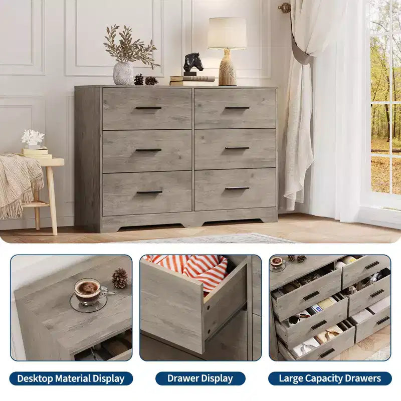 Commode de chambre GustoWave avec 6 tiroirs, commode de rangement moderne avec poignée en métal, organisateur de commode en bois pour chambre à coucher