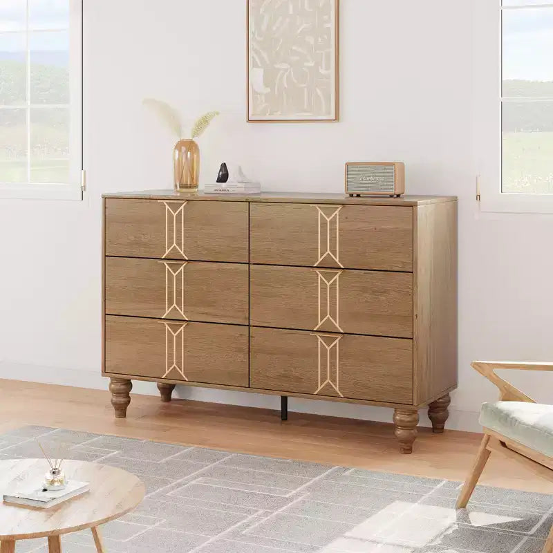 COZONY Commode Moderne à 6 Tiroirs en Bois avec Motif Vintage et Tiroirs Profonds – Meuble de Rangement pour Chambre, Salon et Entrée