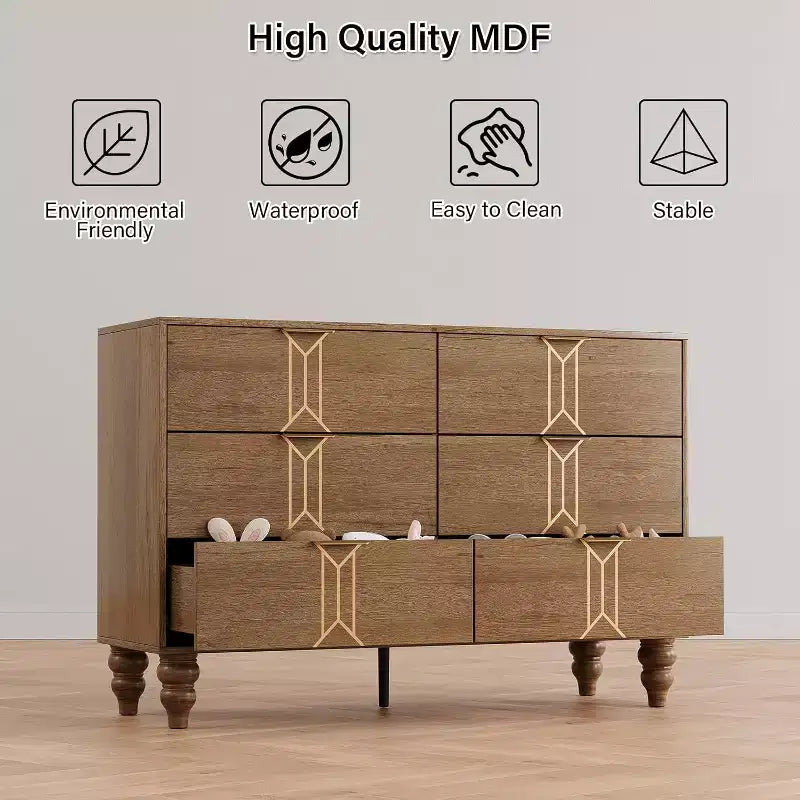 COZONY Commode Moderne à 6 Tiroirs en Bois avec Motif Vintage et Tiroirs Profonds – Meuble de Rangement pour Chambre, Salon et Entrée