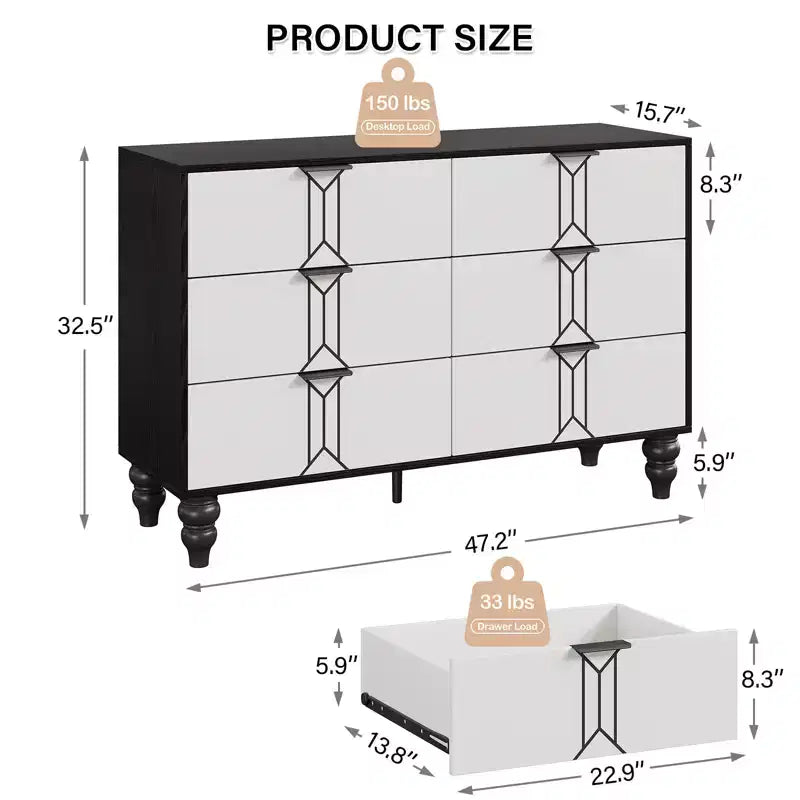 COZONY Commode Moderne à 6 Tiroirs en Bois avec Motif Vintage et Tiroirs Profonds – Meuble de Rangement pour Chambre, Salon et Entrée