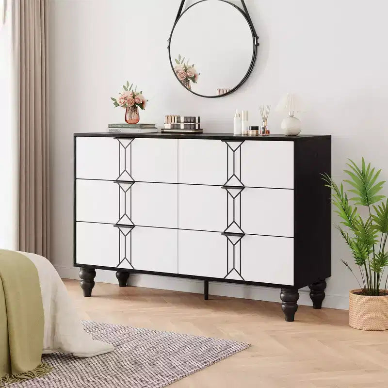 COZONY Commode Moderne à 6 Tiroirs en Bois avec Motif Vintage et Tiroirs Profonds – Meuble de Rangement pour Chambre, Salon et Entrée