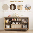 Buffet en rotin de 150 cm, meuble de bar à café de cuisine avec portes et tiroir, buffet bohème avec étagères réglables et poignée pour salon