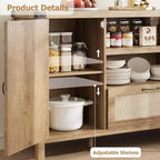 Buffet en rotin de 150 cm, meuble de bar à café de cuisine avec portes et tiroir, buffet bohème avec étagères réglables et poignée pour salon