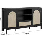 Buffet en rotin de 150 cm, meuble de bar à café de cuisine avec portes et tiroir, buffet bohème avec étagères réglables et poignée pour salon