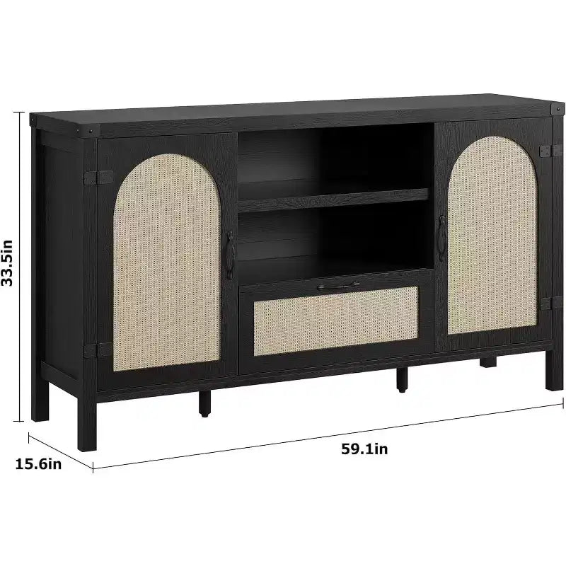 Buffet en rotin de 150 cm, meuble de bar à café de cuisine avec portes et tiroir, buffet bohème avec étagères réglables et poignée pour salon