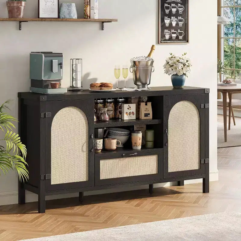 Buffet en rotin de 150 cm, meuble de bar à café de cuisine avec portes et tiroir, buffet bohème avec étagères réglables et poignée pour salon