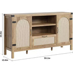 Buffet en rotin de 150 cm, meuble de bar à café de cuisine avec portes et tiroir, buffet bohème avec étagères réglables et poignée pour salon