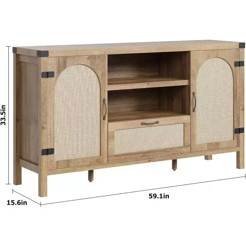 Buffet en rotin de 150 cm, meuble de bar à café de cuisine avec portes et tiroir, buffet bohème avec étagères réglables et poignée pour salon