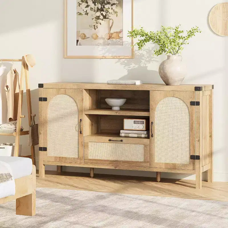 Buffet en rotin de 150 cm, meuble de bar à café de cuisine avec portes et tiroir, buffet bohème avec étagères réglables et poignée pour salon