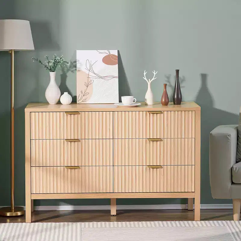 Commode VEVOR à 6 tiroirs cannelés, commode en bois avec dispositif coulissant et anti-basculement, commode moderne minimaliste, beige