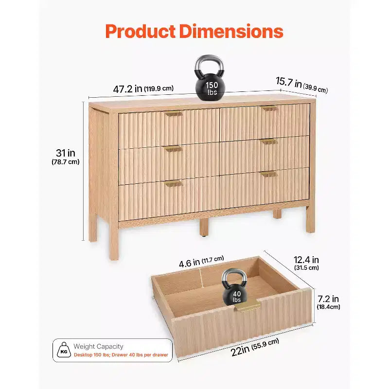 Commode VEVOR à 6 tiroirs cannelés, commode en bois avec dispositif coulissant et anti-basculement, commode moderne minimaliste, beige