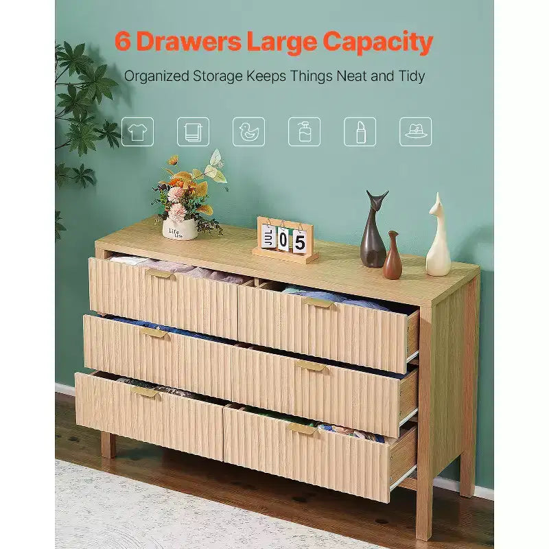 Commode VEVOR à 6 tiroirs cannelés, commode en bois avec dispositif coulissant et anti-basculement, commode moderne minimaliste, beige
