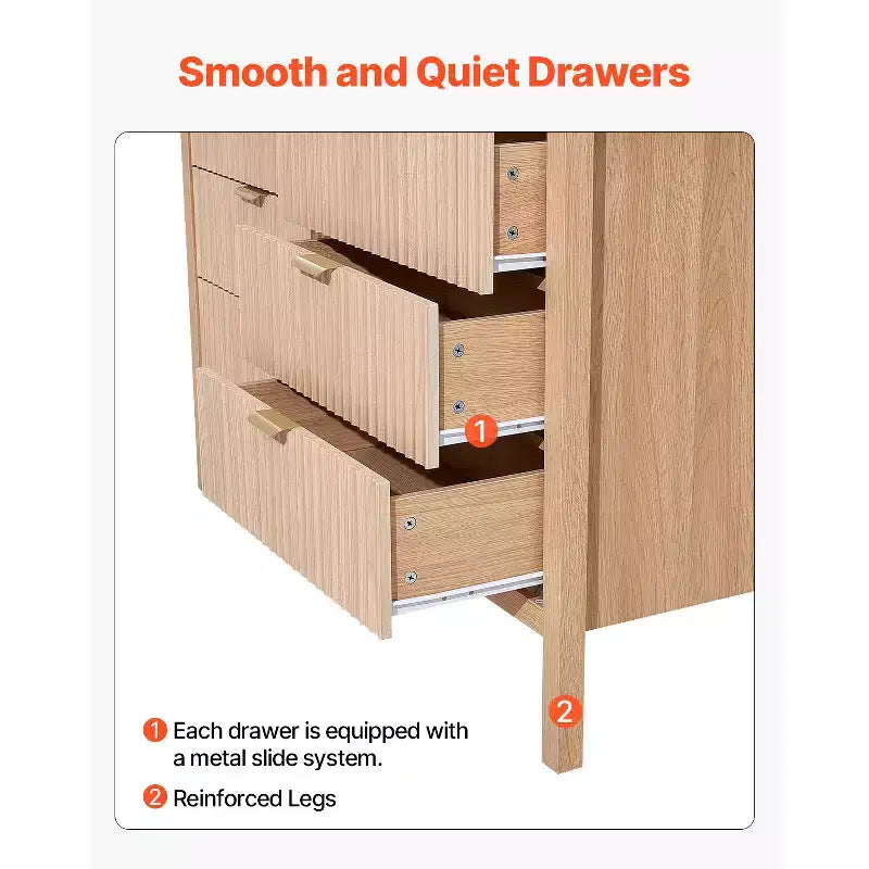 Commode VEVOR à 6 tiroirs cannelés, commode en bois avec dispositif coulissant et anti-basculement, commode moderne minimaliste, beige