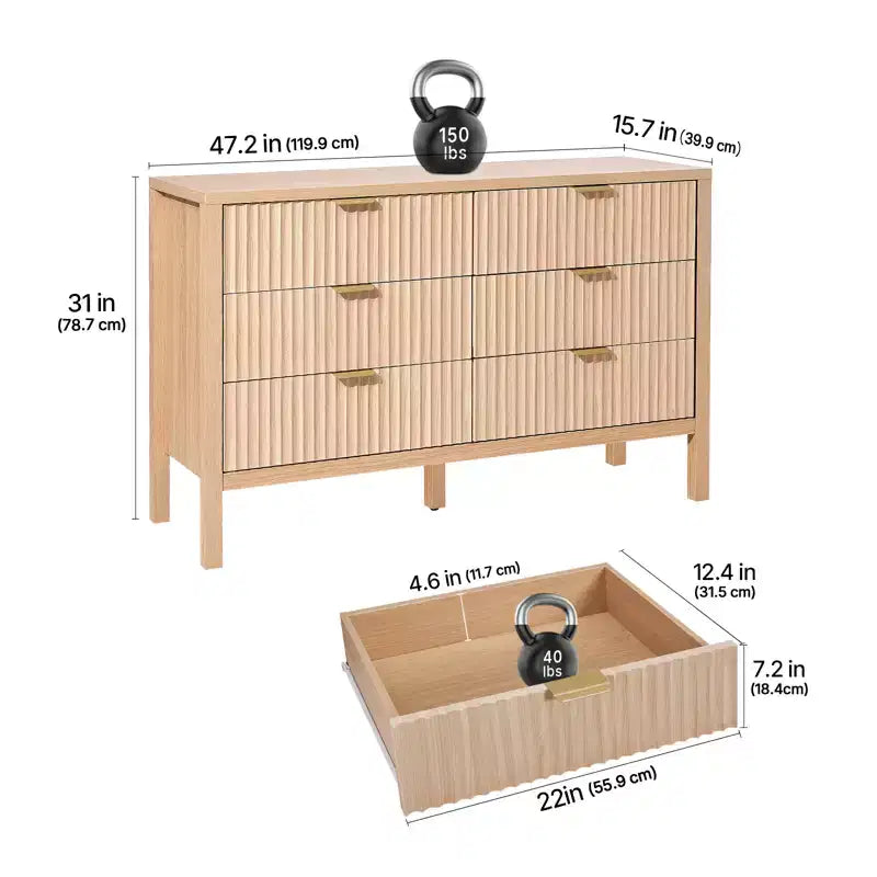 Commode VEVOR à 6 tiroirs cannelés, commode en bois avec dispositif coulissant et anti-basculement, commode moderne minimaliste, beige