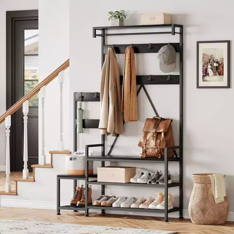 GustoWave Portemanteau d'entrée avec banc et rangement à chaussures, porte-manteau parent-enfant, banc à chaussures, meuble d'entrée avec étagère à chaussures, casiers de rangement, crochets