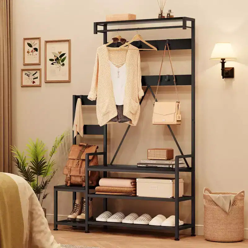 GustoWave Portemanteau d'entrée avec banc et rangement à chaussures, porte-manteau parent-enfant, banc à chaussures, meuble d'entrée avec étagère à chaussures, casiers de rangement, crochets