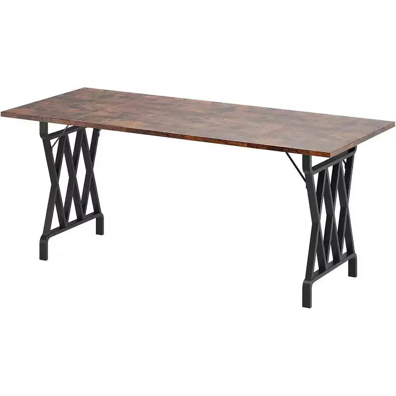 Acekool Table à Manger Longue de 180 cm, Plateau Rectangulaire Marron Foncé, Piétement en X Noir, 48 Places, Style Rustique Moderne, Pieds en Acier