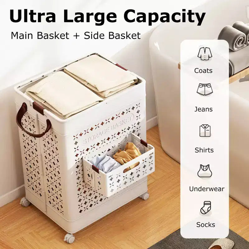 Panier à linge pliable Costway, chariot à linge mobile avec panier latéral, roulettes verrouillables