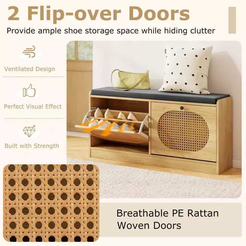 Banc de rangement à chaussures Costway avec coussin, 2 portes basculantes et étagères réglables