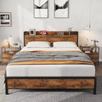 Acekool King Size Platform Bed Frame with Storage, USB Charging Station, Industrial Metal Frame, Wood Headboard, No Box Spring Needed