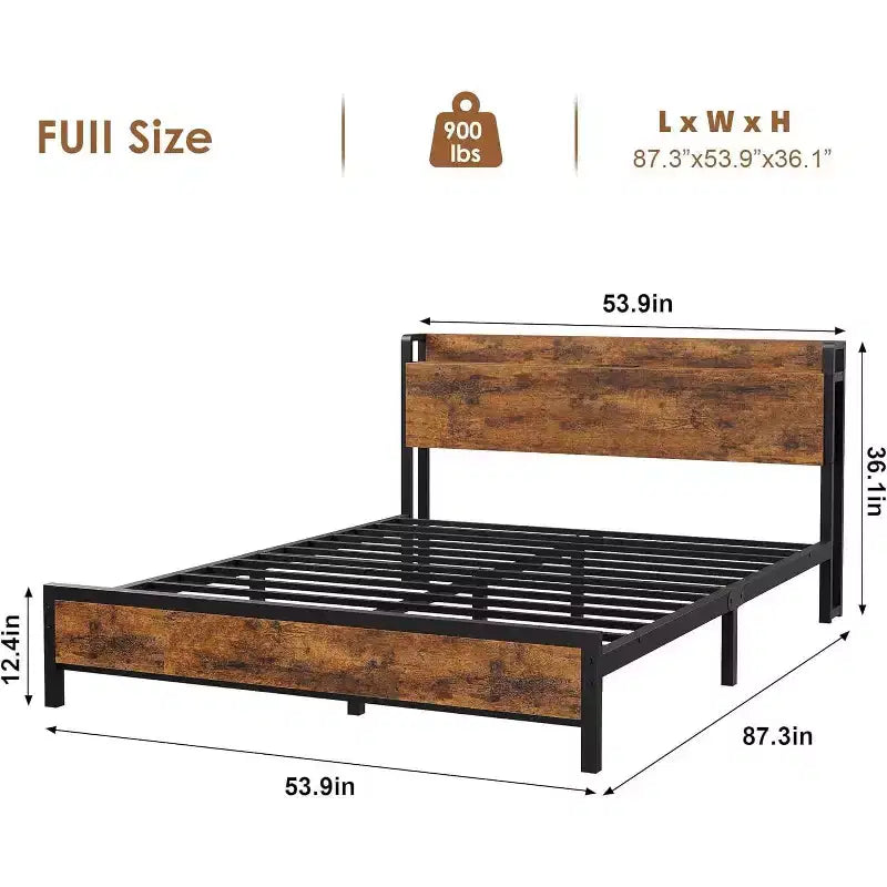 Cadre de lit plateforme King Size Acekool avec rangement, station de charge USB, cadre en métal industriel, tête de lit en bois, pas besoin de sommier tapissier