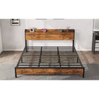 Cadre de lit plateforme King Size Acekool avec rangement, station de charge USB, cadre en métal industriel, tête de lit en bois, pas besoin de sommier tapissier