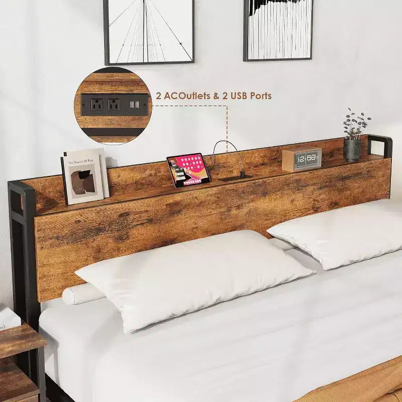 Cadre de lit plateforme King Size Acekool avec rangement, station de charge USB, cadre en métal industriel, tête de lit en bois, pas besoin de sommier tapissier