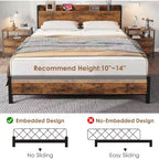 Cadre de lit plateforme King Size Acekool avec rangement, station de charge USB, cadre en métal industriel, tête de lit en bois, pas besoin de sommier tapissier